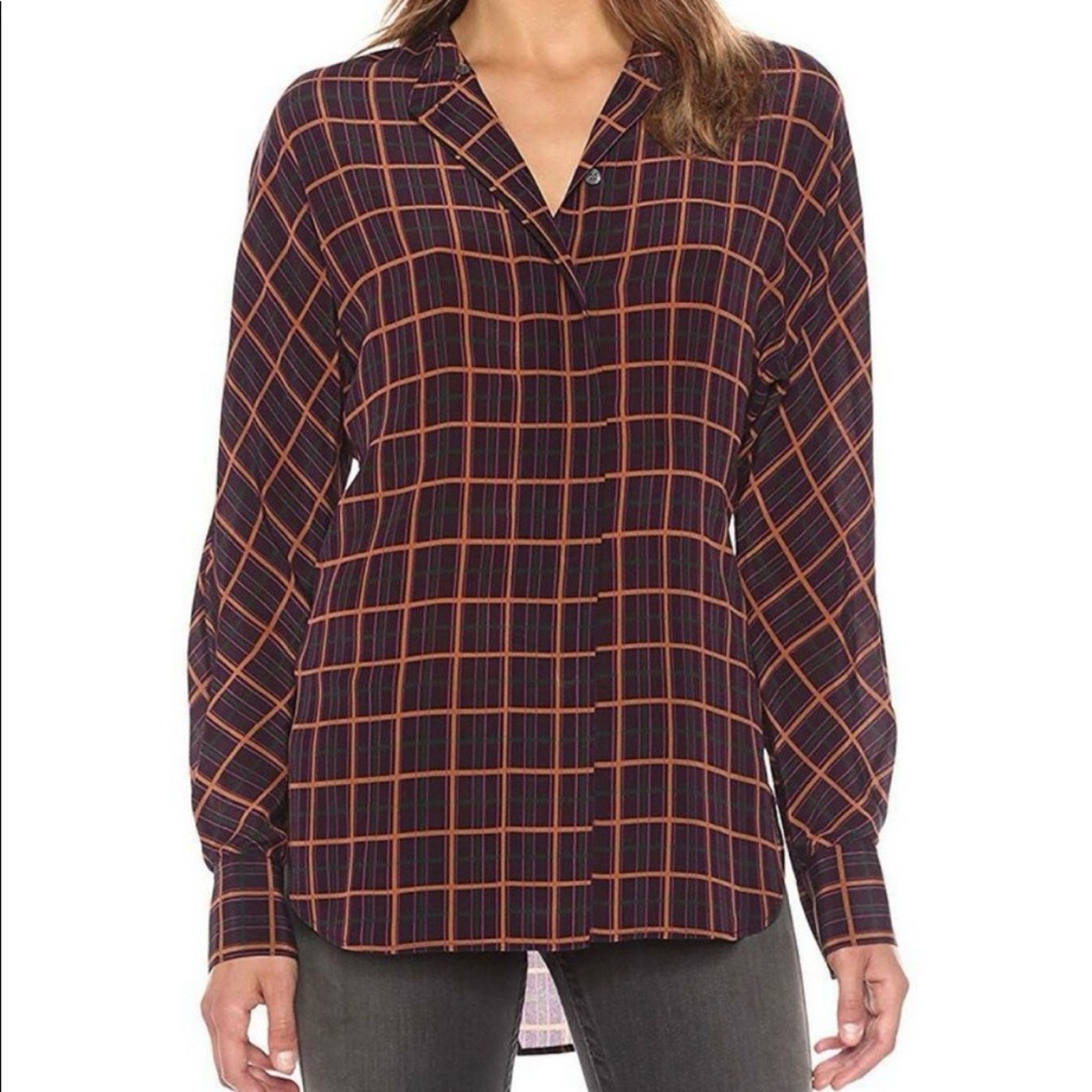 Theory 100% Silk York Plaid Purple Button Up Long Sleeve Blouse Size Petite/Xs